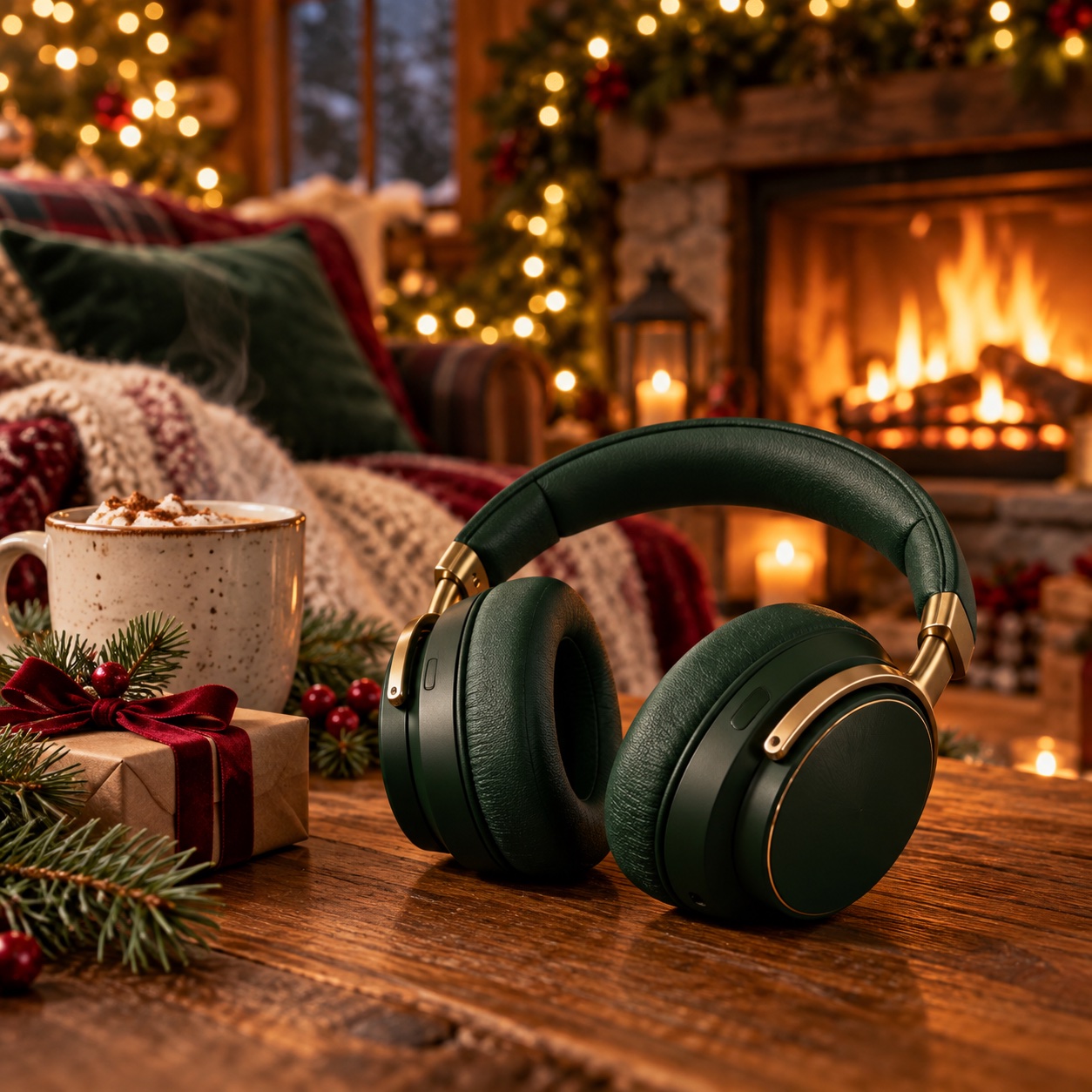 Evergreen headphones beside a warm mug and wrapped Christmas gift in a cozy cabin