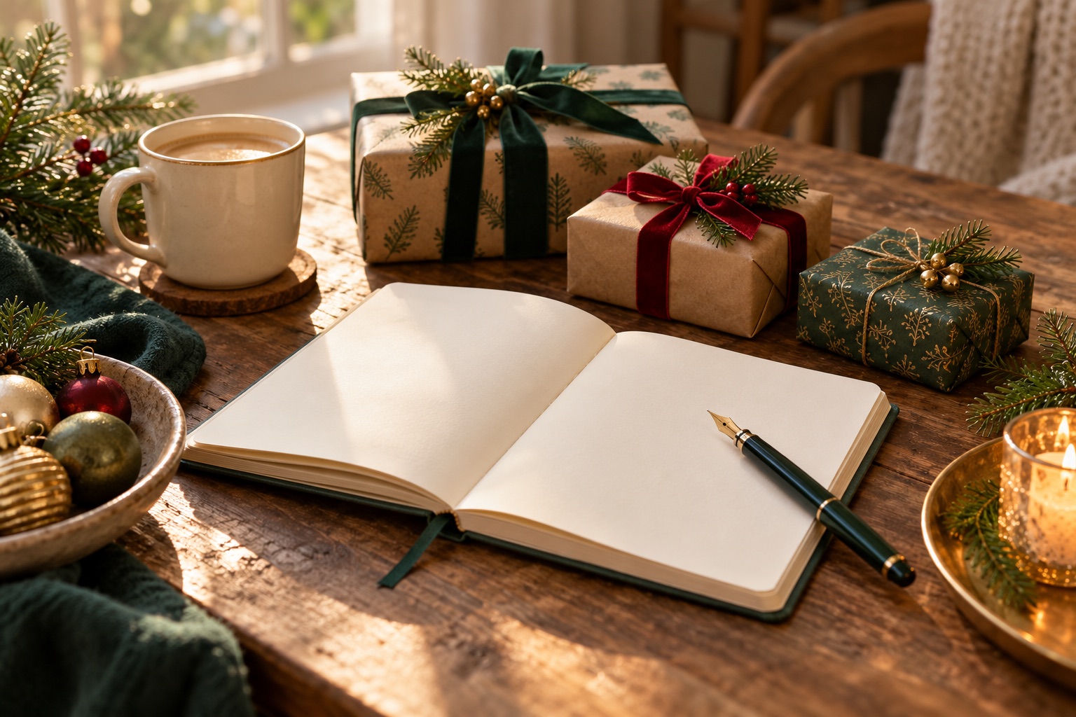 An open planning notebook and fountain pen beside wrapped gifts and a warm mug