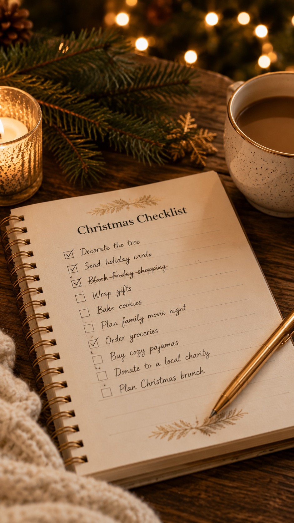 A printable Christmas checklist on a wooden table with greenery