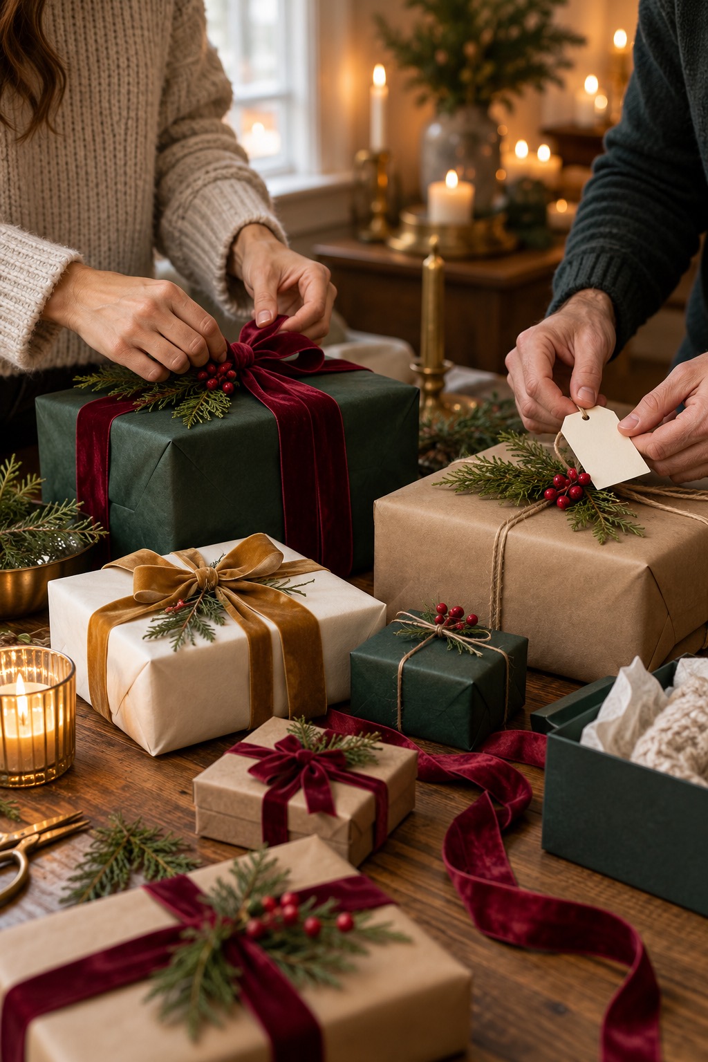 People thoughtfully wrapping Christmas gifts with ribbon and gift tags